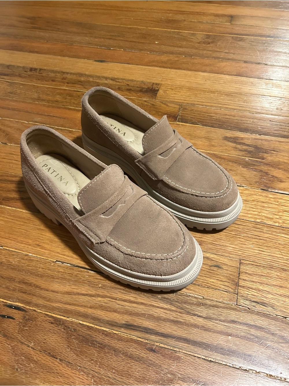 Patina Tan Taupe Suede Penny Loafers for Women